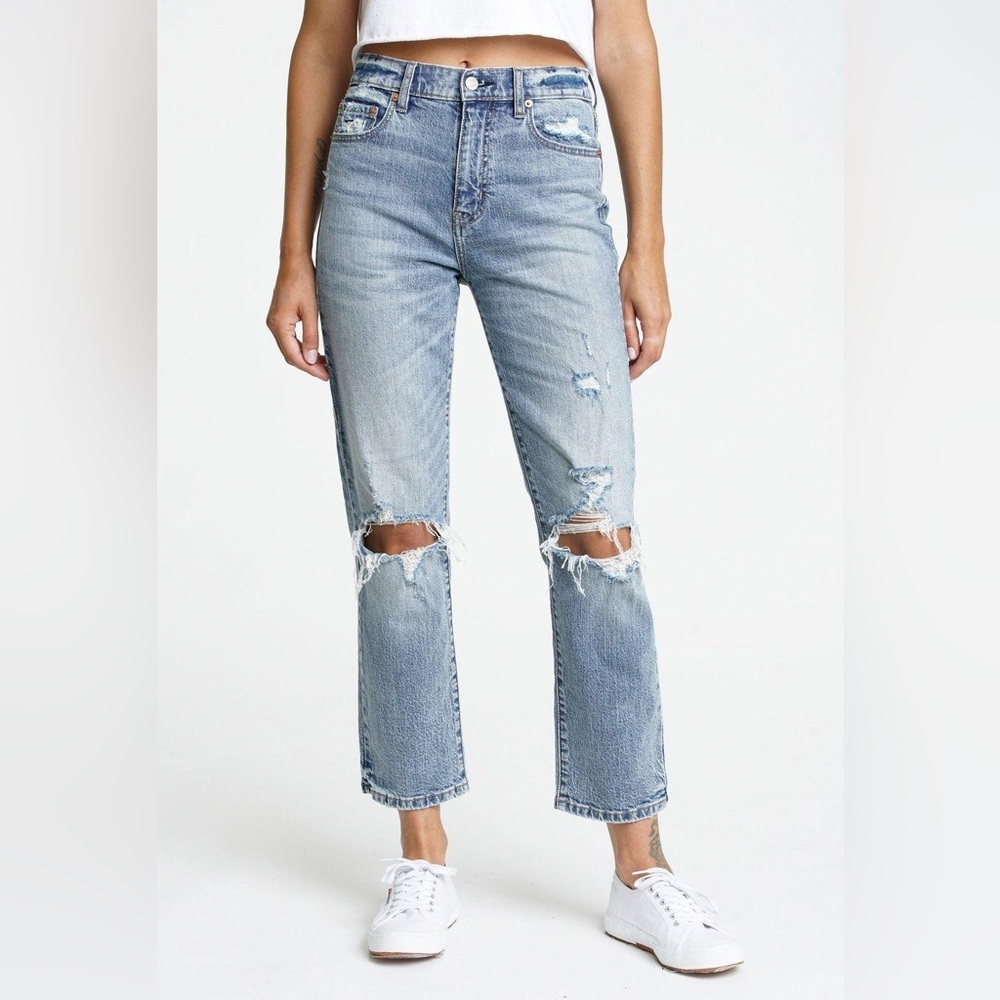 Daze Tough Love High Waisted Distressed Straight Leg Blue Jeans - Picture 1 of 5